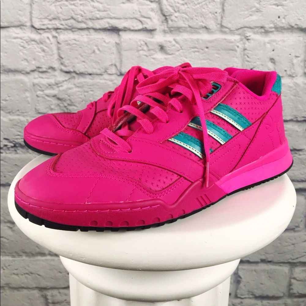 Hot pink and teal Adidas sneakers, never worn.